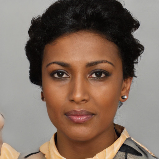 Neutral latino young-adult female with short  black hair and brown eyes