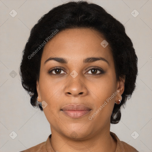 Joyful latino young-adult female with short  black hair and brown eyes