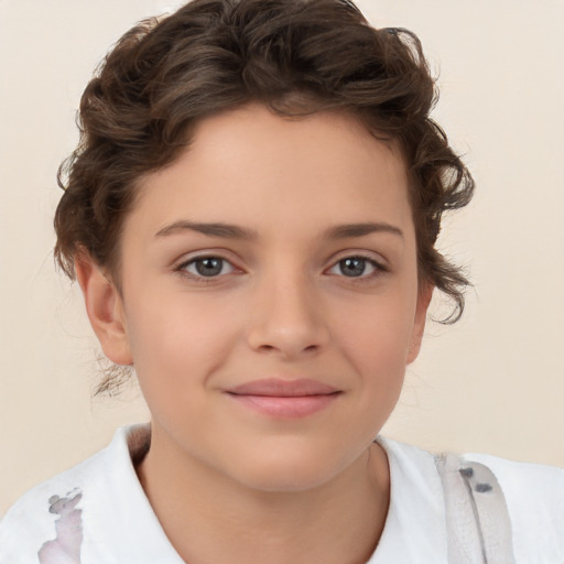 Joyful white child female with medium  brown hair and brown eyes