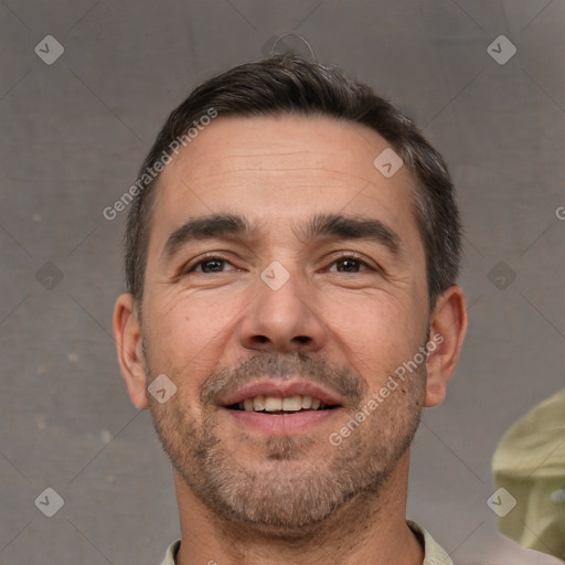 Neutral white adult male with short  brown hair and brown eyes