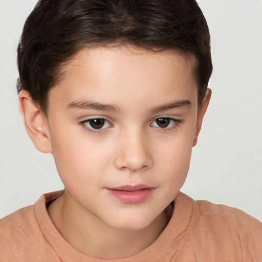 Joyful white child female with short  brown hair and brown eyes