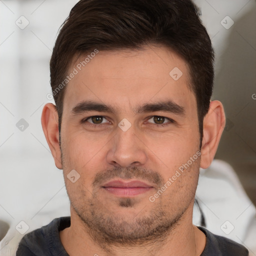 Joyful white young-adult male with short  brown hair and brown eyes