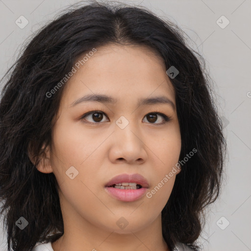 Neutral asian young-adult female with long  brown hair and brown eyes