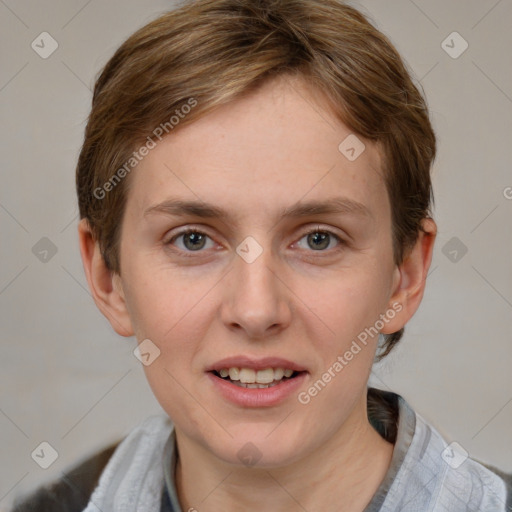 Joyful white young-adult female with short  brown hair and grey eyes