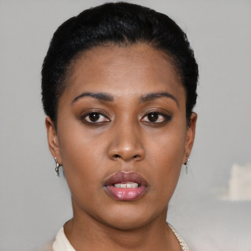 Neutral latino young-adult female with short  black hair and brown eyes