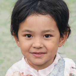 Joyful asian child female with short  brown hair and brown eyes