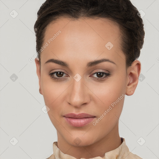 Joyful white young-adult female with short  brown hair and brown eyes