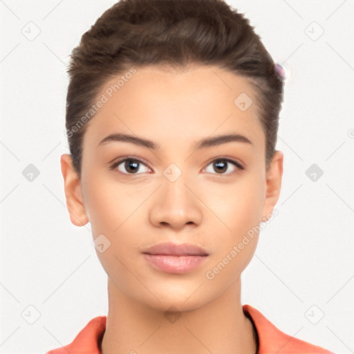 Neutral white young-adult female with short  brown hair and brown eyes