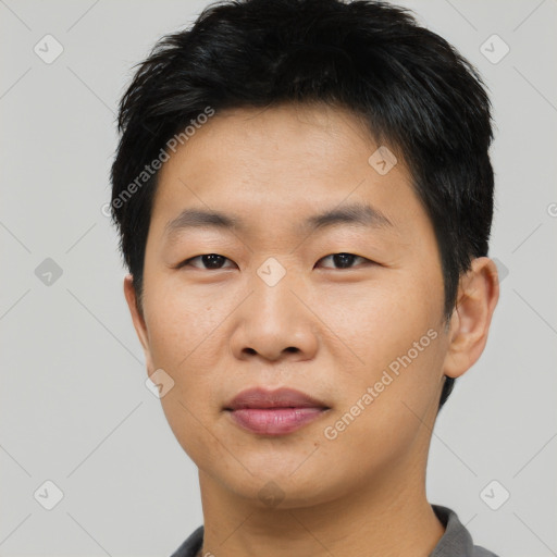 Neutral asian young-adult male with short  black hair and brown eyes