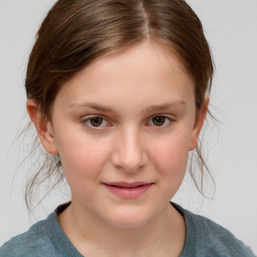 Joyful white child female with medium  brown hair and brown eyes