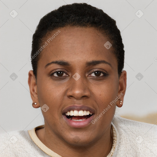 Joyful black young-adult female with short  brown hair and brown eyes