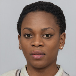 Neutral black young-adult female with short  black hair and brown eyes