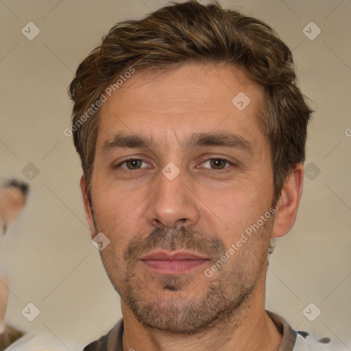 Neutral white adult male with short  brown hair and brown eyes