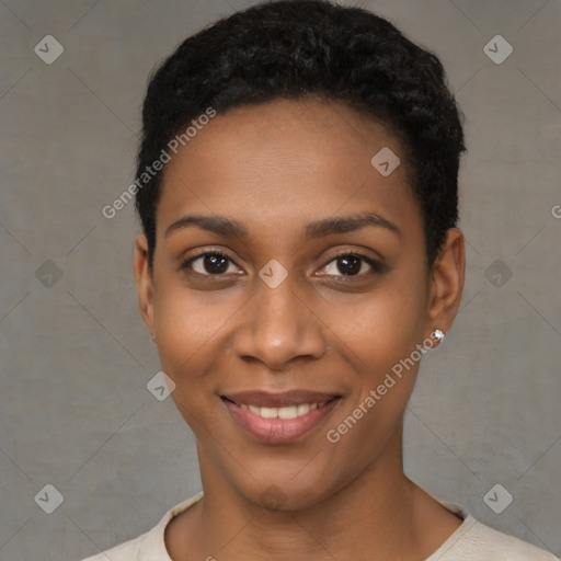 Joyful black young-adult female with short  black hair and brown eyes