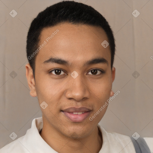 Joyful latino young-adult male with short  brown hair and brown eyes