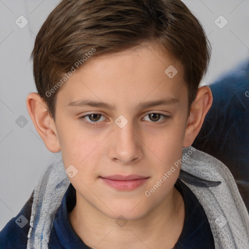 Joyful white child female with short  brown hair and brown eyes