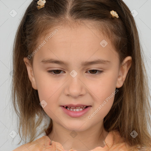 Joyful white child female with medium  brown hair and brown eyes