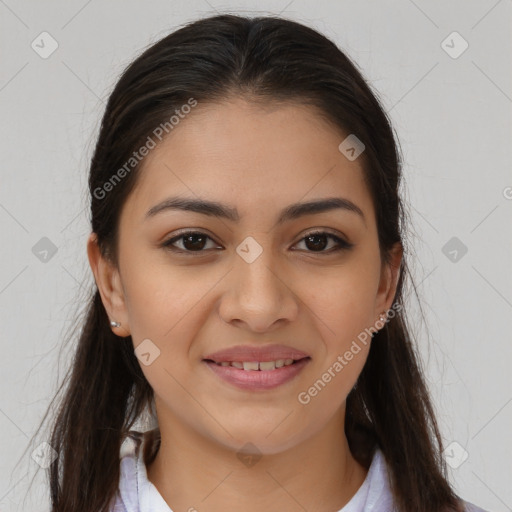 Joyful latino young-adult female with long  brown hair and brown eyes