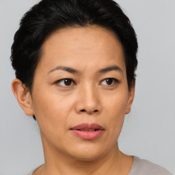 Joyful asian adult female with short  brown hair and brown eyes