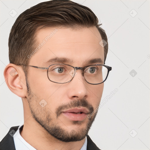 Neutral white young-adult male with short  brown hair and brown eyes