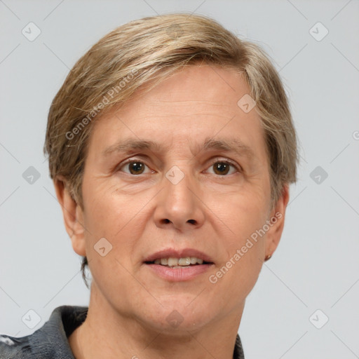 Joyful white adult male with short  brown hair and grey eyes