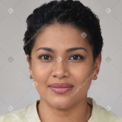 Joyful latino young-adult female with short  brown hair and brown eyes