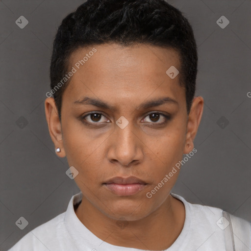 Neutral black young-adult female with short  brown hair and brown eyes