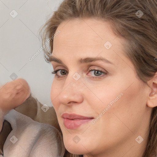 Neutral white young-adult female with medium  brown hair and grey eyes