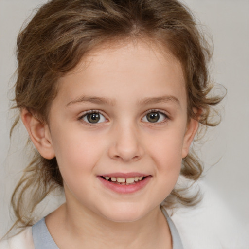 Joyful white child female with medium  brown hair and brown eyes