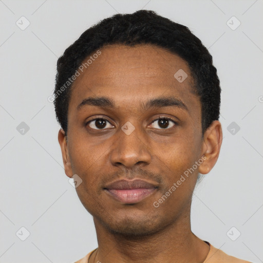 Joyful black young-adult male with short  black hair and brown eyes