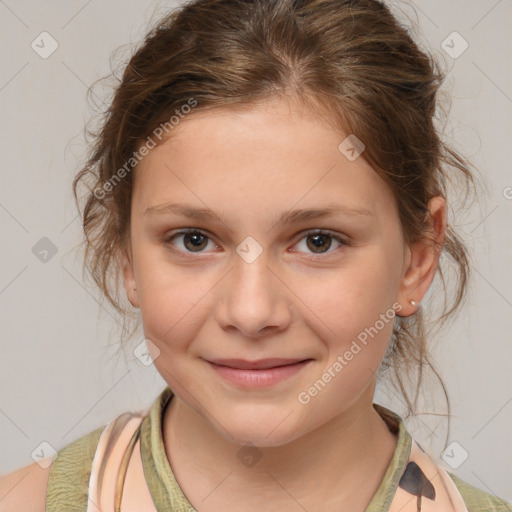 Joyful white child female with medium  brown hair and brown eyes