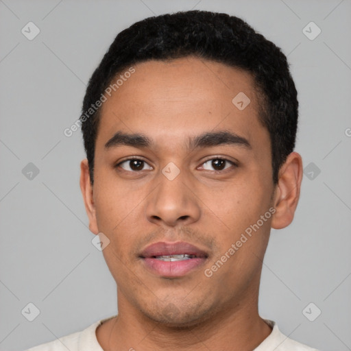 Neutral latino young-adult male with short  black hair and brown eyes