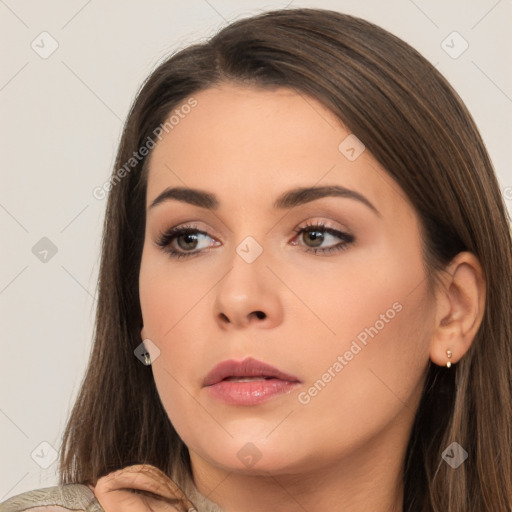 Neutral white young-adult female with long  brown hair and brown eyes