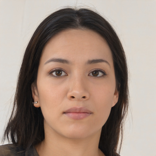 Neutral asian young-adult female with long  brown hair and brown eyes