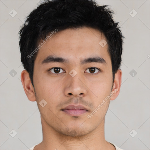 Neutral asian young-adult male with short  black hair and brown eyes