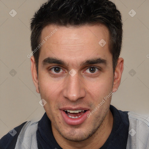 Joyful white adult male with short  brown hair and brown eyes