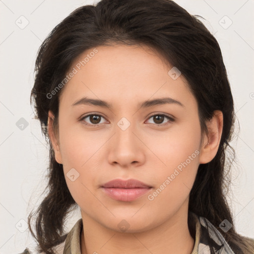 Neutral white young-adult female with medium  brown hair and brown eyes