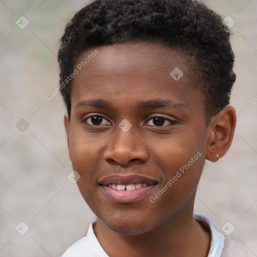 Joyful black young-adult male with short  brown hair and brown eyes