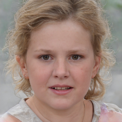 Joyful white child female with medium  blond hair and grey eyes