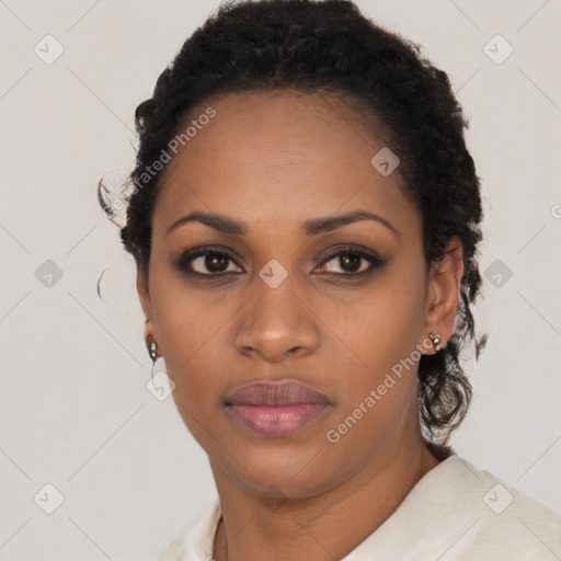 Neutral black young-adult female with short  black hair and brown eyes