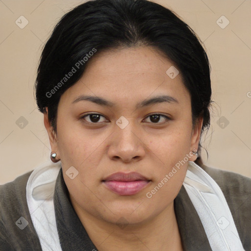 Joyful asian young-adult female with medium  black hair and brown eyes