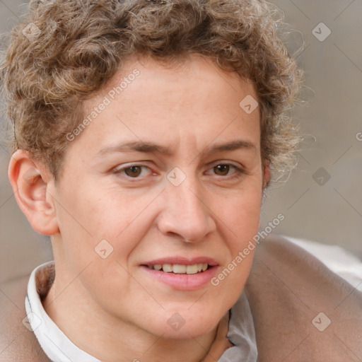 Joyful white adult female with short  brown hair and brown eyes