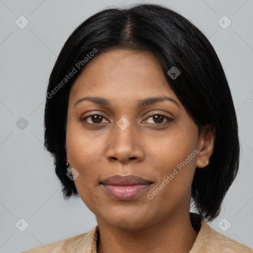 Joyful black young-adult female with medium  black hair and brown eyes