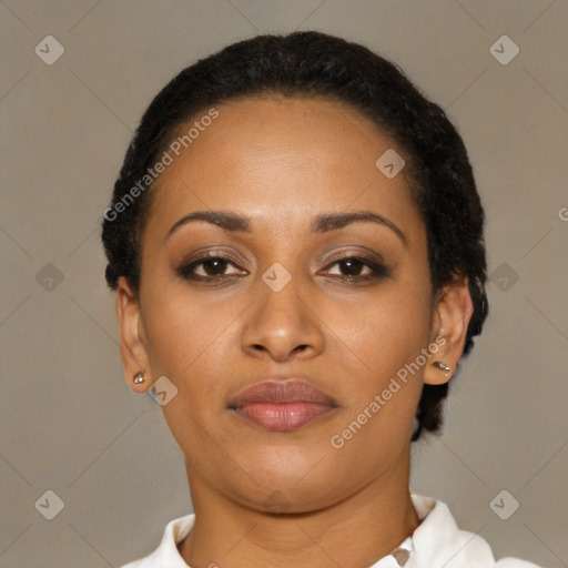 Neutral latino young-adult female with short  brown hair and brown eyes