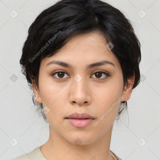 Neutral asian young-adult female with medium  black hair and brown eyes