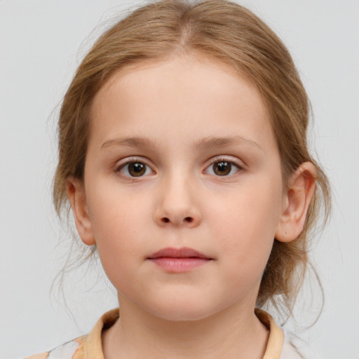 Neutral white child female with medium  brown hair and blue eyes