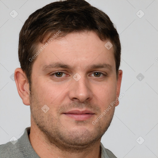 Neutral white young-adult male with short  brown hair and grey eyes