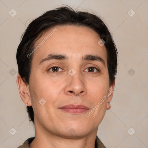 Joyful white adult male with short  brown hair and brown eyes