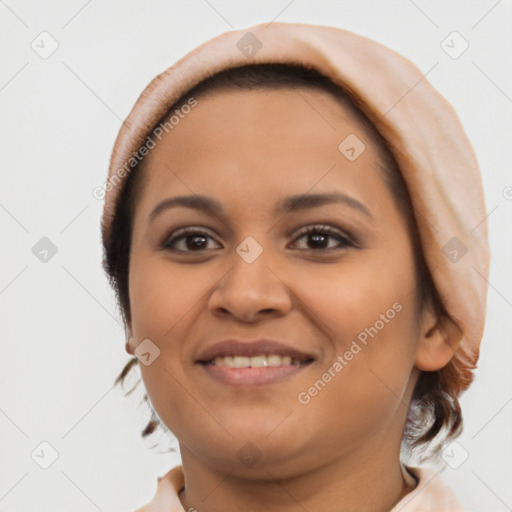 Joyful latino young-adult female with short  brown hair and brown eyes