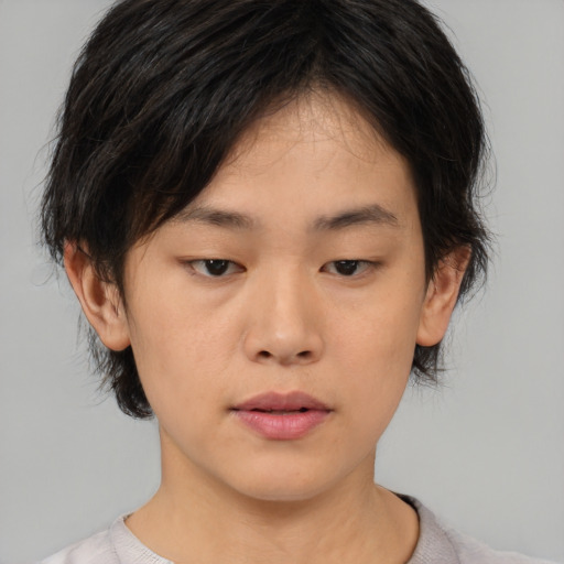 Neutral asian young-adult female with medium  brown hair and brown eyes